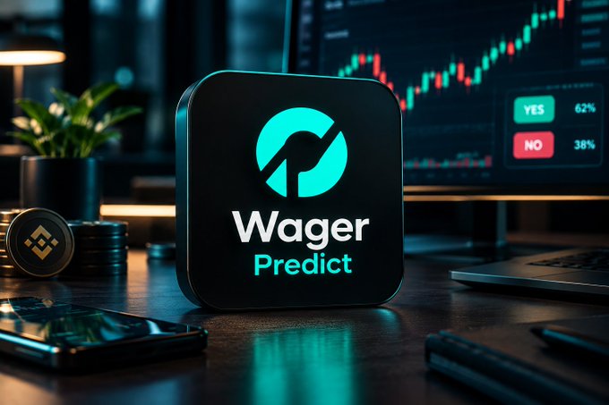 A glowing black app icon labeled "Wager Predict" sits on a desk in front of a screen showing a rising candlestick chart and binary YES (62%) / NO (38%) odds, visually tying the post's message about prediction markets evolving into a real, data-driven on-chain information layer rather than mere opinion-based guessing.