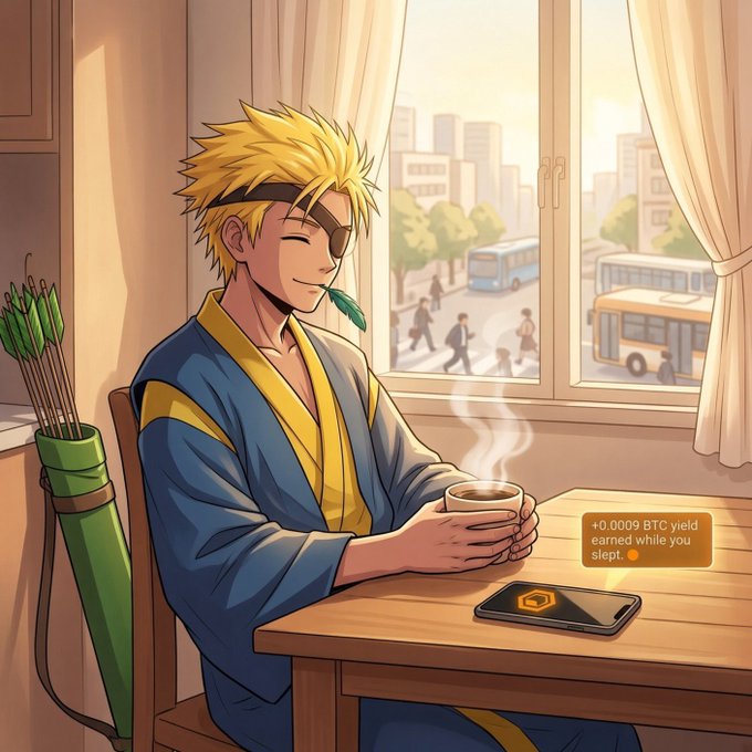 A relaxed anime-style character with spiky blonde hair and an eye patch sits at a wooden table sipping coffee by a sunny window, a bow and arrows resting beside him. On the table, a smartphone notification displays "+0.0009 BTC yield earned while you slept," mirroring the post's description of a peaceful morning ritual of checking staking rewards before going about the day.