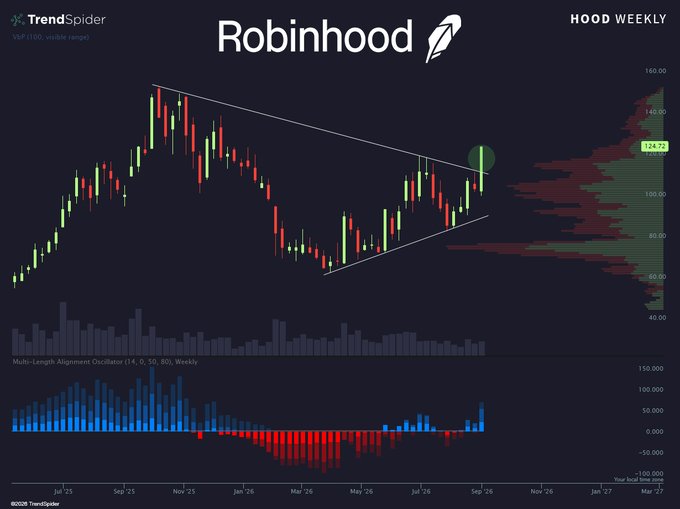 A Robinhood (HOOD) weekly stock chart from TrendSpider showing a symmetrical triangle pattern breakout, with price at $124.29.
