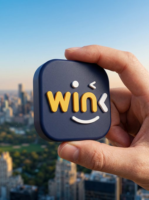 A hand holds up a dark square token featuring the word "win" in yellow lettering with a smiley face, set against a city skyline backdrop, symbolizing the WINkLINK network's role as the data engine powering AI agents on TRON with reliable real-world information.