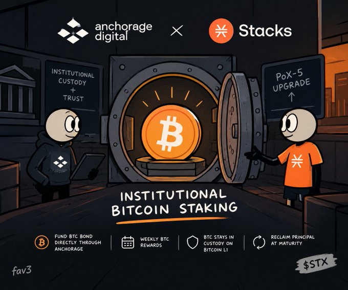 An illustrated advertisement for 'anchorage digital × Stacks' promoting 'INSTITUTIONAL BITCOIN STAKING', featuring cartoon characters next to a vault containing Bitcoin, highlighting BTC bonds and PoX-5 upgrades.