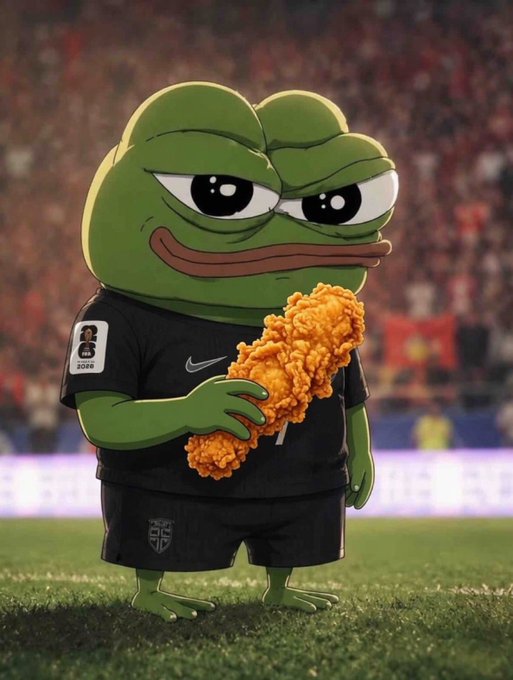 A green Pepe the Frog character wearing a dark soccer uniform holds a piece of fried chicken on a stadium field.