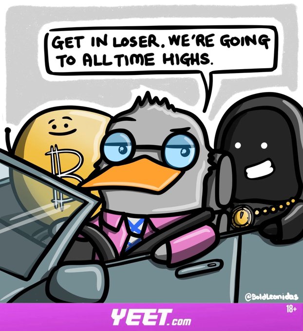 A cartoon duck driving a convertible says "Get in loser. We're going to all time highs" while a Bitcoin coin rides shotgun and a shadowy figure with a "Yeet" medallion sits in the back, humorously capturing the post's bullish crypto market update featuring BTC at $86K, Nasdaq ATH, and rising altcoin prices.