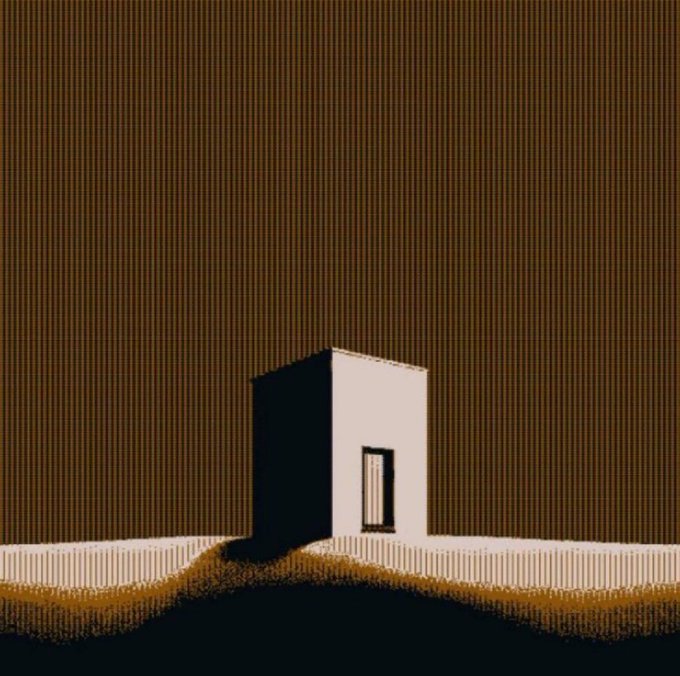 A solitary, pixelated doorway-like structure stands alone on a barren, textured landscape against a dark brown background, evoking a surreal sense of isolation that visually captures the "middle of nowhere" concept described in the post as a fully on-chain 1/1 artwork by @cryptopeng1.