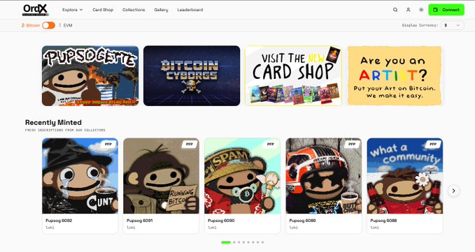 A screenshot of the OrdX website homepage displays promotional banners for "PUPSOGETTE," "BITCOIN CYBORGS," and the "CARD SHOP," along with a "Recently Minted" section showcasing Pupsog NFT collectibles (numbered 6052, 6091, 6090, 6088, and 6089). The image supports the post by showing the OrdX platform where the Pupsog NFTs are being minted and traded.
