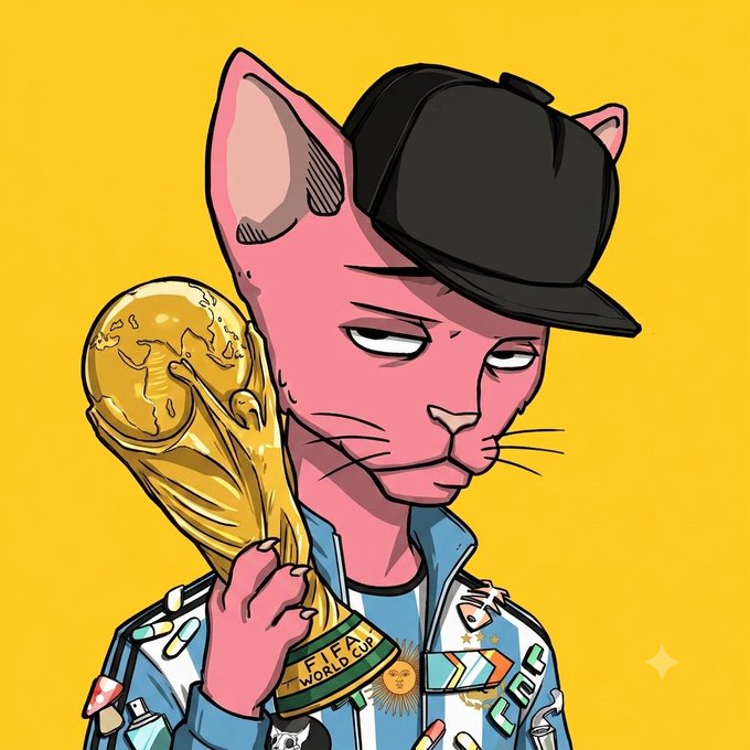 A stylized cartoon illustration of a pink hairless cat wearing a black cap and a colorful patterned jacket, holding the FIFA World Cup trophy against a bright yellow background.