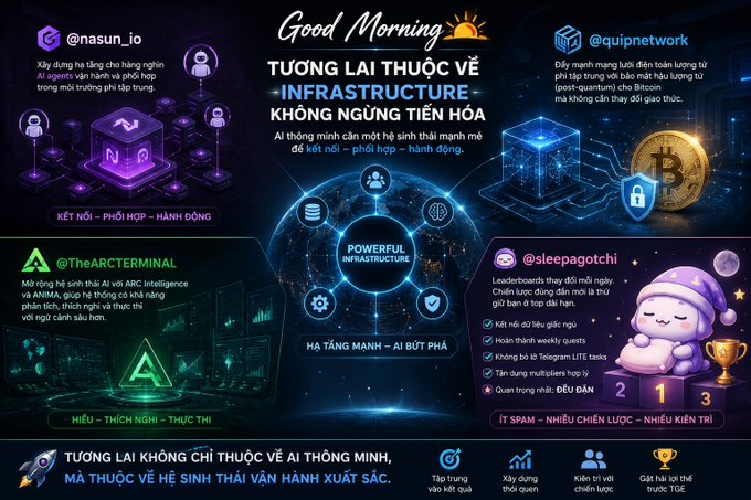 A stylized "Good Morning" infographic highlighting how AI's future hinges on powerful infrastructure, featuring four project logos (@nasun_io, @quipnetwork, @TheARCTERMINAL, @sleepagotchi) arranged around a central "POWERFUL INFRASTRUCTURE" hub, with Vietnamese text emphasizing connection, collaboration, and action—visually reinforcing the post's message about infrastructure being the decisive layer for AI agents to operate within decentralized ecosystems.