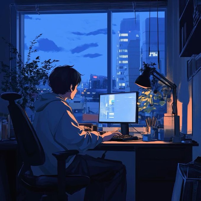 An anime-style illustration of a person in a hoodie working at a computer desk by a window at night, with a cityscape visible outside.