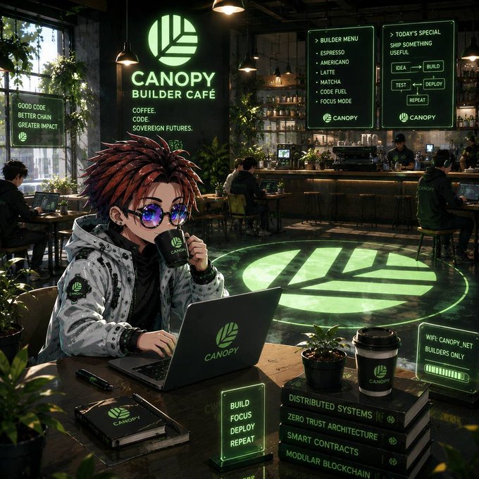 A builder with red hair and sunglasses sips "CANOPY" coffee while working on a laptop in the neon-lit "CANOPY BUILDER CAFÉ," surrounded by menu boards advertising "Builder Menu" items like "Espresso, Americano, Latte, Matcha, Code Fuel, Focus Mode," alongside books titled "Distributed Systems," "Zero Trust Architecture," "Smart Contracts," and "Modular Blockchain," and a holographic Canopy logo projected on the floor—visually reinforcing the post's theme of the @CNPYNetwork blending coffee culture, builder mindset, and Web3 infrastructure development.