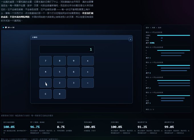 A dark-themed web page demonstrating a calculator tool, with Chinese text at the top and various statistics like '100.0%' and '96.7%' displayed in blue text along the sides.