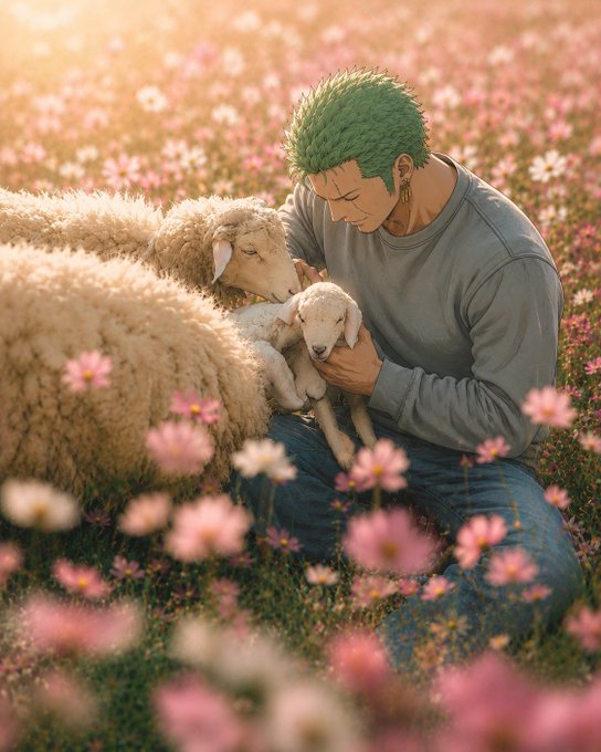 An anime-style illustration of a green-haired muscular man tenderly holding a small white lamb next to a larger sheep in a field of pink flowers, with the letters 'Ah' visible.