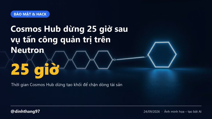 Vietnamese-language news graphic about Cosmos Hub with a hexagonal chain illustration, reporting "Cosmos Hub stops for 25 hours after administrative attack on Neutron" by @dinhthang97.