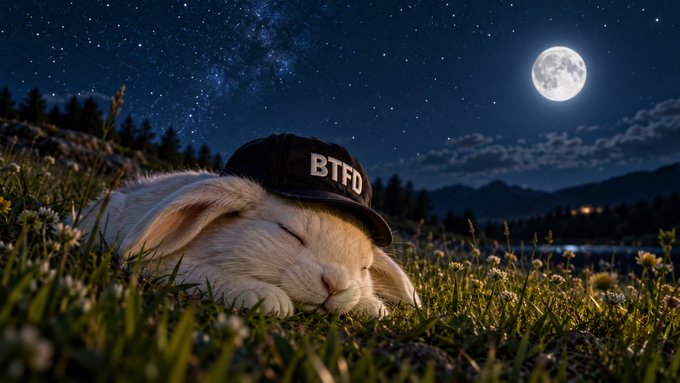 A rabbit wearing a black "BTFD" (Buy The F***ing Dip) cap sleeping in a grassy field under a starry night sky with a full moon.