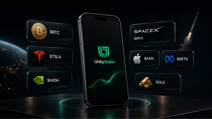 A smartphone displaying the "UnityWallet" app floats in space, surrounded by floating panels showing tickers including $BTC, $TSLA, $PCX/SPCX, $AAPL, $NVDA, $META, and GOLD, visually representing the platform's all-in-one multi-asset trading capabilities for perpetual futures.