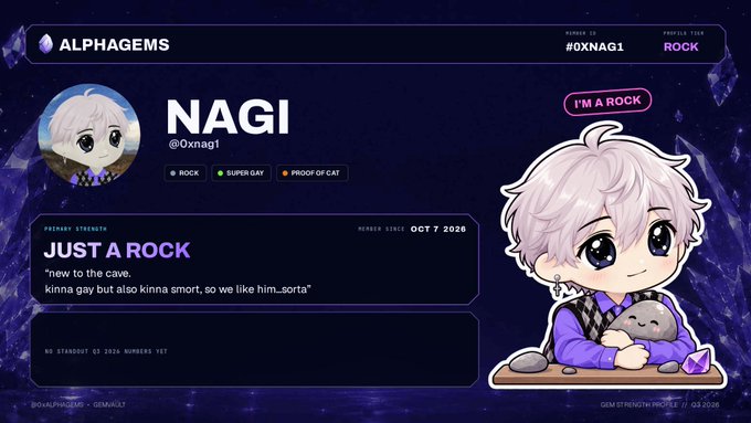 A character profile graphic for 'NAGI' on the AlphaGems website describes them as 'JUST A ROCK' new to the cave, with tags for 'ROCK', 'SUPER GAY', and 'PROOF OF CAT', featuring a chibi-style illustration of a white-haired character holding a rock.
