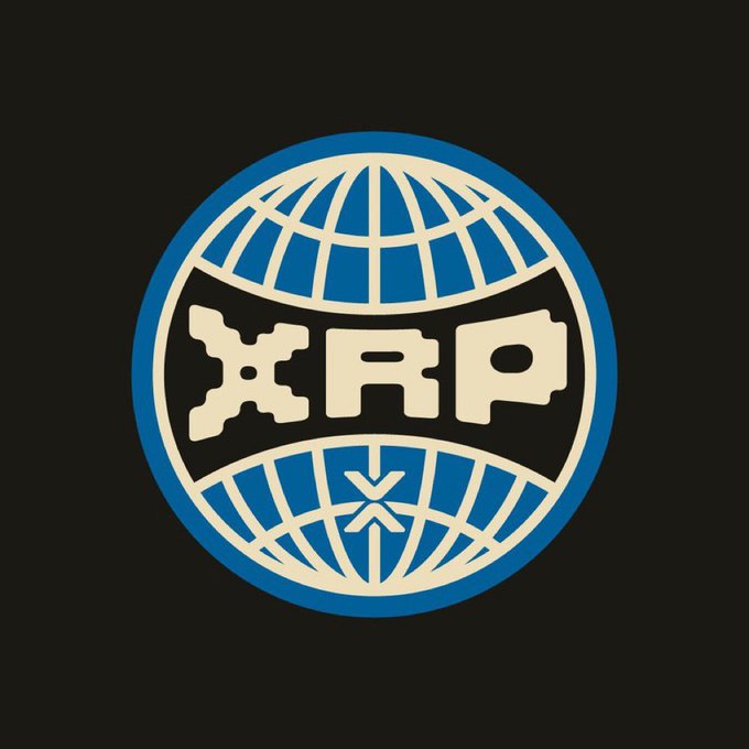 A circular blue and white logo for XRP, designed with a globe-like grid pattern.