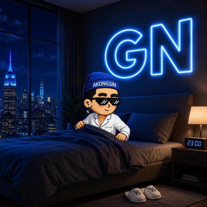 A cartoon character wearing pixelated sunglasses and a blue beanie reading "AKONGSIN" is tucked into bed in a dark room, with a glowing blue neon "GN" sign on the wall and a city skyline visible through the window.