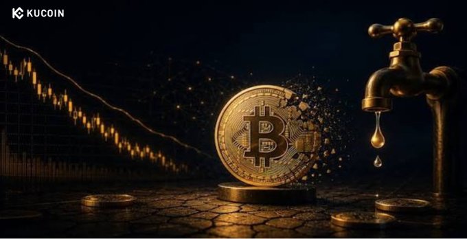 A KuCoin-branded image shows a golden Bitcoin coin shattering beneath a dripping faucet, set against a backdrop of a declining candlestick chart and scattered coins—visually symbolizing the looming volatility risk as Bitcoin's supply concentration nears the critical 15% threshold discussed in the KuCoin blog.