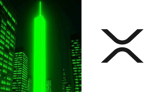 A glowing green skyscraper dominates a nighttime cityscape, paired with the black XRP logo on the right, symbolizing the cryptocurrency's dramatic surge to $6,997.50 that briefly overtook Bitcoin in market cap.