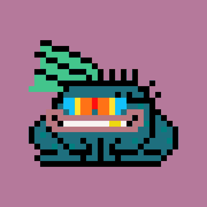 A pixel art illustration of a tank-like machine with a green leafy top, colorful vertical bars, and a toothy grin, set against a purple background.