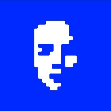 A pixel art logo featuring a stylized white letter 'P' or similar character with an extended element on the bottom, set against a solid blue background.