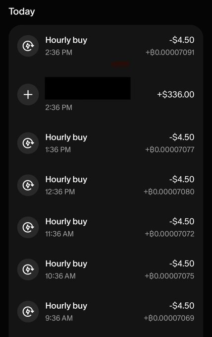 A mobile app transaction history showing multiple 'Hourly buy' entries at -$4.50 each with small Bitcoin amounts, plus a single +$336.00 deposit.