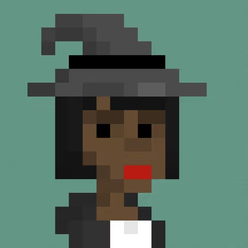 A pixel art portrait of a person with brown skin wearing a black witch hat against a teal background.