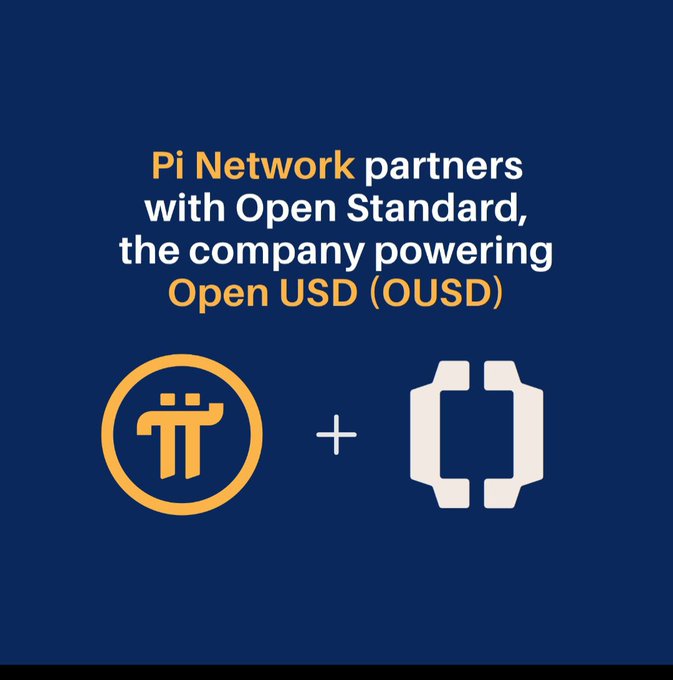 A dark blue graphic announcing 'Pi Network partners with Open Standard, the company powering Open USD (OUSD)' featuring the Pi Network logo and Open Standard logo.