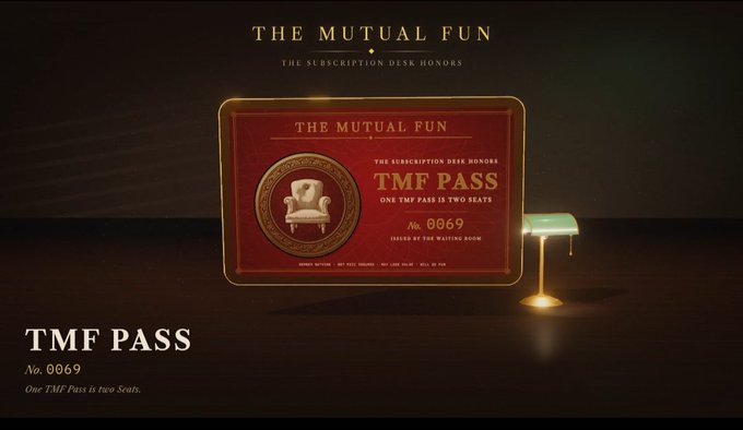 'THE MUTUAL FUN' subscription desk honoring screen displaying 'TMF PASS No. 0069' in red and gold, with tagline 'One TMF Pass is Two Seats.'
