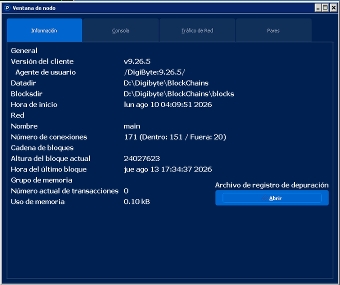 A Spanish-language node information window for DigiByte v9.26.5, displaying blockchain details including version, directory paths, network connections (171 total), and current block height (24027623).