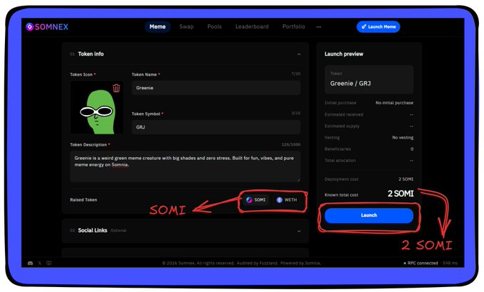 A screenshot of the Somnex platform showing the token launch page for "Greenie / GRJ" with a creation cost of 2 SOMI highlighted in red.