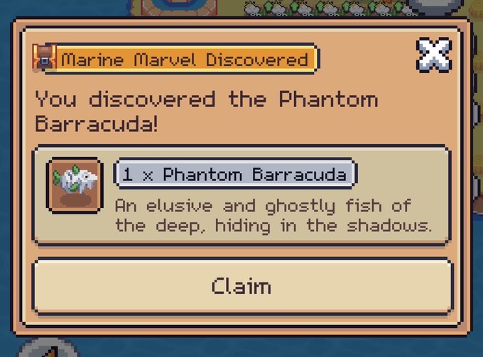 A pixel-art game interface showing a 'Marine Marvel Discovered' notification for the 'Phantom Barracuda,' described as 'An elusive and ghostly fish of the deep, hiding in the shadows,' with a Claim button.
