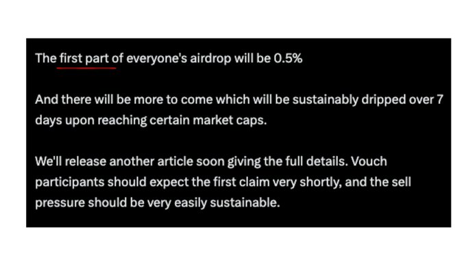 A dark-themed announcement stating that "The first part of everyone's airdrop will be 0.5%" with additional details that more will be dripped over 7 days based on market cap milestones, aligning with the post's clarification that 0.5% is only the initial portion, not the full airdrop.