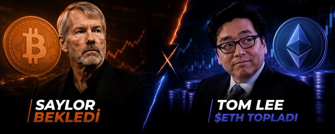 A split-screen graphic contrasts Michael Saylor on the left beside an orange Bitcoin logo with the Turkish text "SAYLOR BEKLEDİ" (Saylor waited), against Tom Lee on the right beside a blue Ethereum logo with the text "TOM LEE $ETH TOPLADI" (Tom Lee accumulated ETH), visually illustrating the post's point that Strategy paused its Bitcoin activity while Lee's BitMine continued aggressive Ethereum purchases of 27,801 ETH.