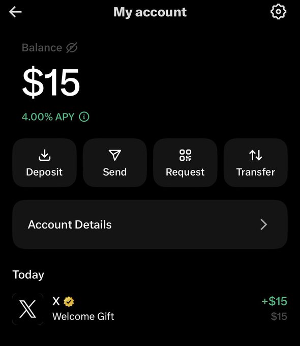A mobile banking app screen displays a balance of $15 with 4.00% APY, showing transaction options (Deposit, Send, Request, Transfer) and a Welcome Gift of +$15 from the X (Twitter) platform.