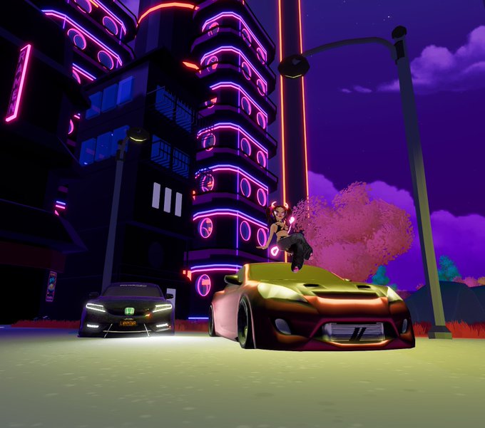 A character poses on a gold sports car alongside a black vehicle in a neon-lit cityscape from Decentraland, with pink and purple glowing buildings creating a vibrant cyberpunk backdrop that complements the cheerful "gm cuties" greeting.