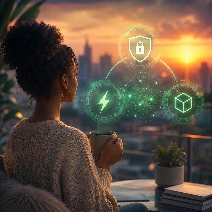 A woman with curly hair holding a coffee cup looks out at a city skyline at sunset, overlaid with glowing green digital icons representing security (shield with lock), energy (lightning bolt), and a 3D cube.