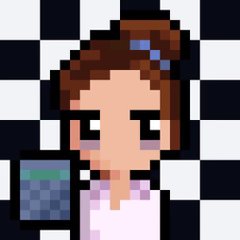 A pixel art character with brown hair and a pink top stands against a black and white checkered background, with a small window or icon visible nearby.