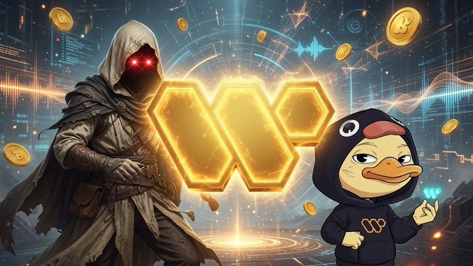 Crypto-themed artwork showing a hooded figure with glowing red eyes standing next to a gold hexagonal 'W' logo, with a duck mascot character in a black hoodie on the right, surrounded by floating Bitcoin coins.