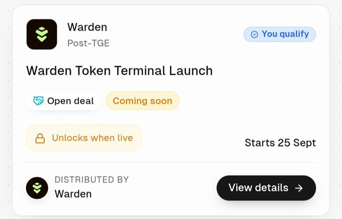 A UI card for 'Warden Token Terminal Launch' indicating a 'Post-TGE' status, 'Coming soon', 'Unlocks when live', and 'Starts 25 Sept'.