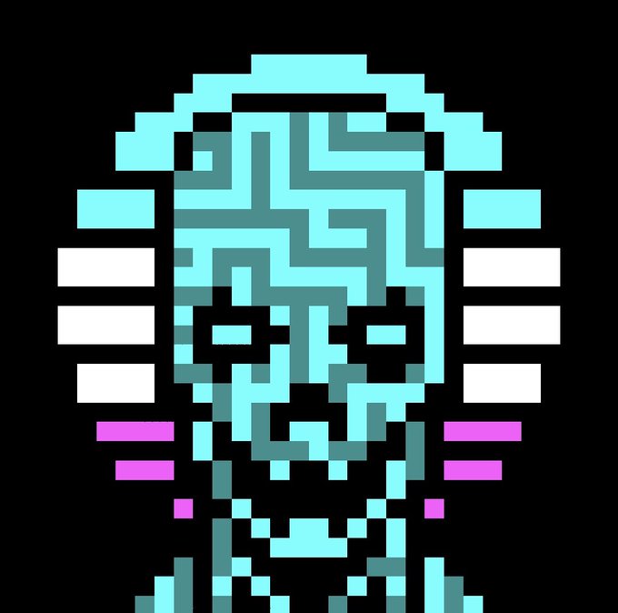 A pixel art illustration of a robotic or cyborg face in teal and white colors on a black background, featuring detailed circuit-like patterns and headphones.