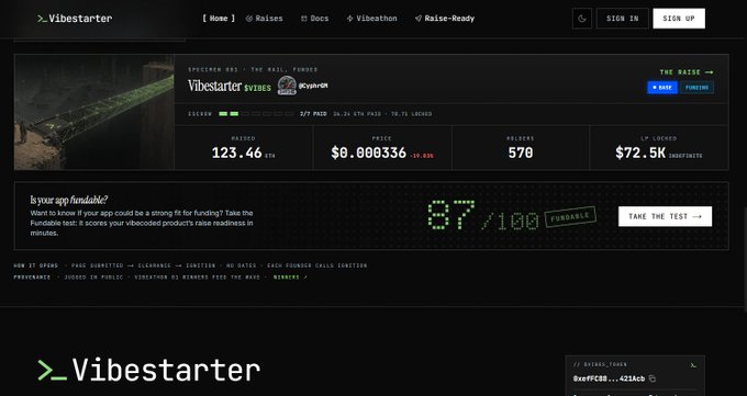 Vibestarter platform page showing a Vibestarter x SYNES fundraising campaign for the Vocal Synthesizer "RAIL" featuring Kickstarter and VCyanVR, raising $72.5K (570% funded) with a Fundable score of 87/100.