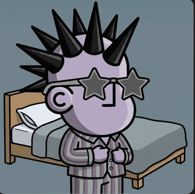 Cartoon illustration of a purple-skinned character with spiky black mohawk hair wearing star-shaped sunglasses and striped pajamas, standing in front of a bed.