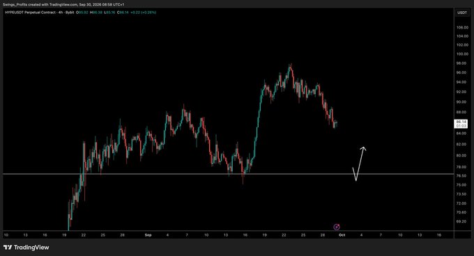 The chart shows HYPEUSDT on a 4-hour timeframe, currently priced at $85.56 (down -0.22%), with a recent pullback from highs near $98 toward a key support level around $76-77, marked by an arrow indicating the trader is anticipating a deeper dip. The image reflects the post's call for a "bigger dip" by highlighting the potential for further downside toward the highlighted horizontal support.
