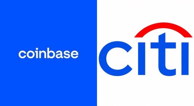 The image features the logos of Coinbase and Citi displayed side-by-side, representing their new partnership that enables institutional clients to accept stablecoin payments through Citi's merchant processing services.