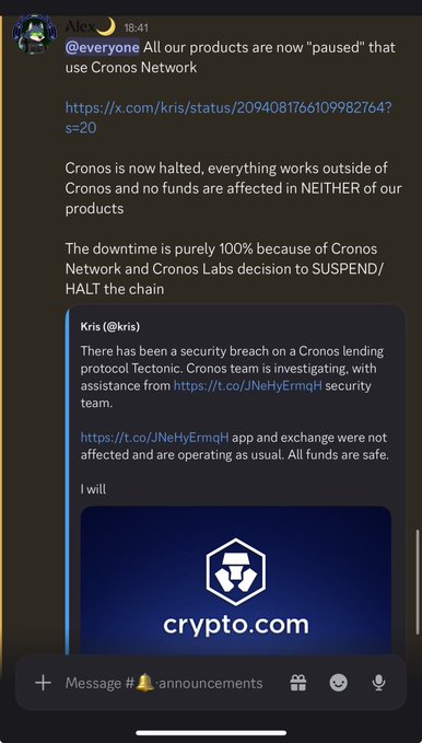 A Discord screenshot shows an announcement from "Alex" stating that all products using Cronos Network are paused due to Cronos Labs' decision to suspend the chain, citing a security breach on the Tectonic lending protocol, with embedded tweets from Kris (@kris) confirming the investigation and that no funds were affected, alongside a Crypto.com logo.