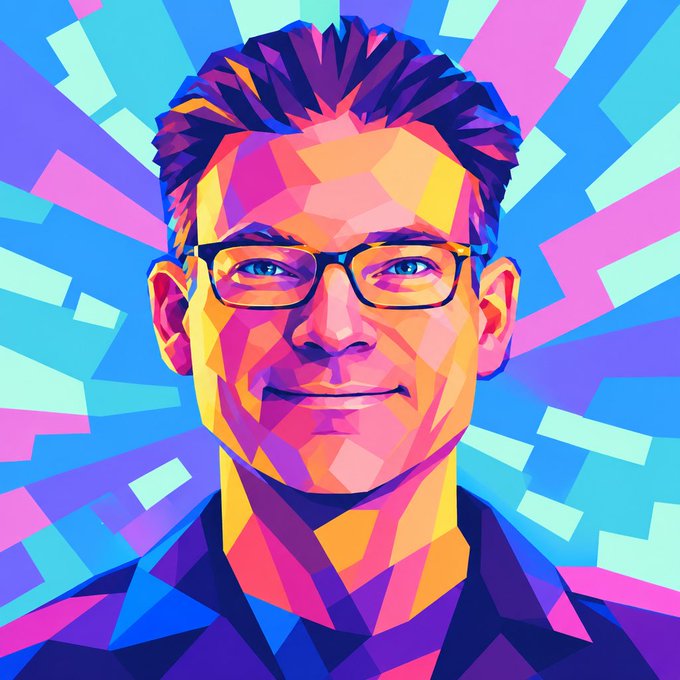 A vibrant, geometric pop-art style digital portrait of a smiling man wearing glasses against a colorful background.