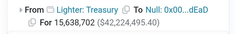 A blockchain transaction detail screen showing the transfer of the LIT token from "Lighter: Treasury" to the burn address "Null: 0x00...dEaD" for 15,638,702 LIT tokens valued at $42,224,495.40, confirming the $42M token burn referenced in the post.