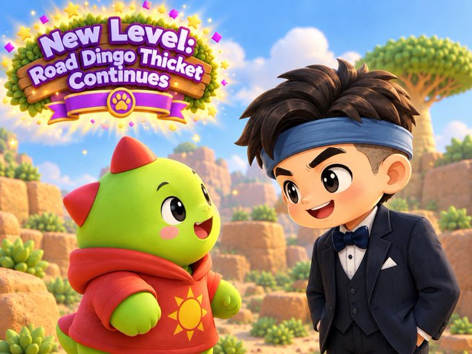 An illustrated scene shows a green dinosaur-like character in a red hoodie with a sun emblem facing a young man in a tuxedo with a blue headband and bow tie, with a banner reading 'New Level: Road Dingo Thicket Continues' overhead.