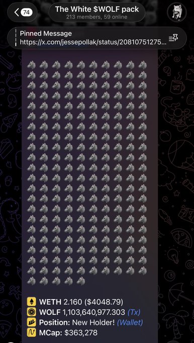 Telegram group 'The White $WOLF pack' with 213 members, showing a pinned message link and displaying WOLF token stats: WETH 2.160 ($4048.79), WOLF 1,103,640,977.303, Position: New Holder!, MCap: $363,278.